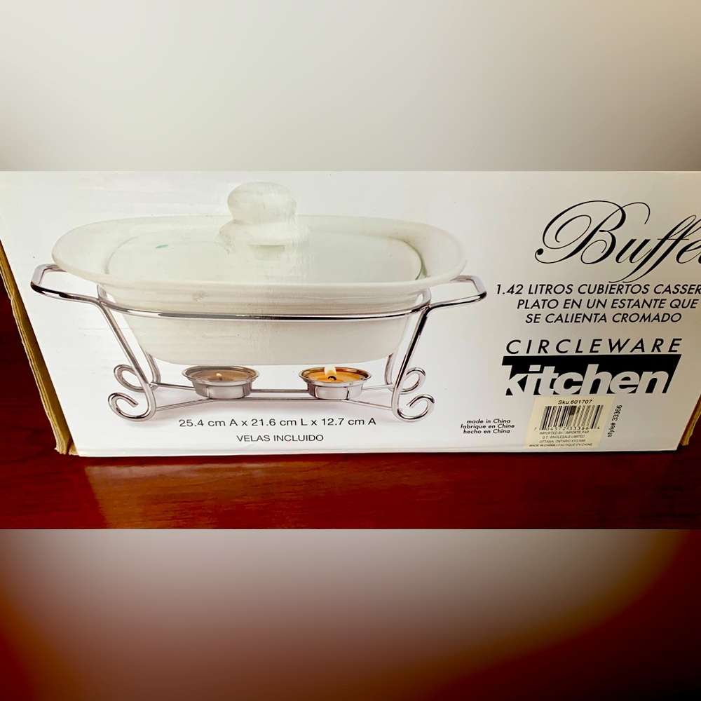 Porcelain buffet serving casserole dish & glass lid & chrome plated warmer Rack